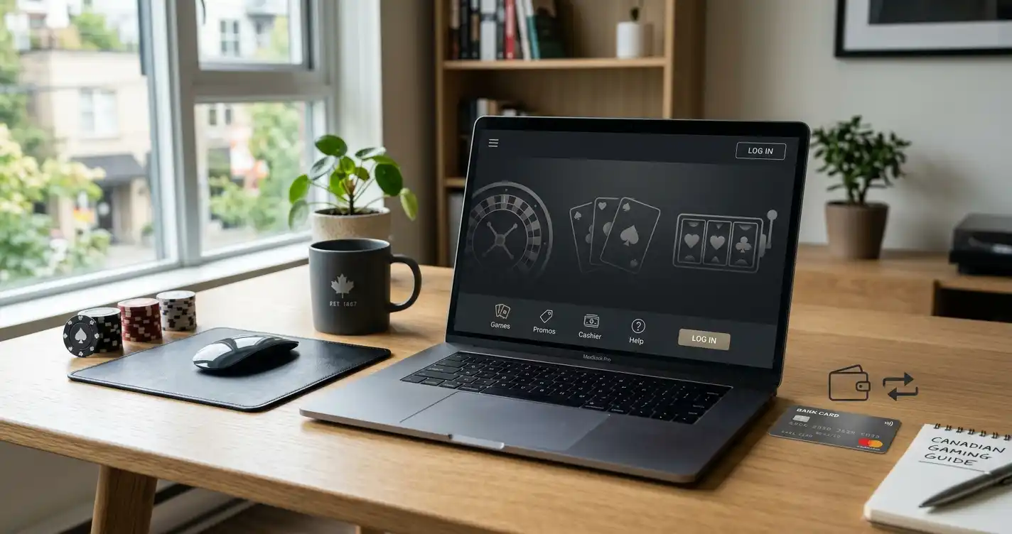 A home gaming setup with a bank card, e-wallet symbols and a casino game interface on a laptop